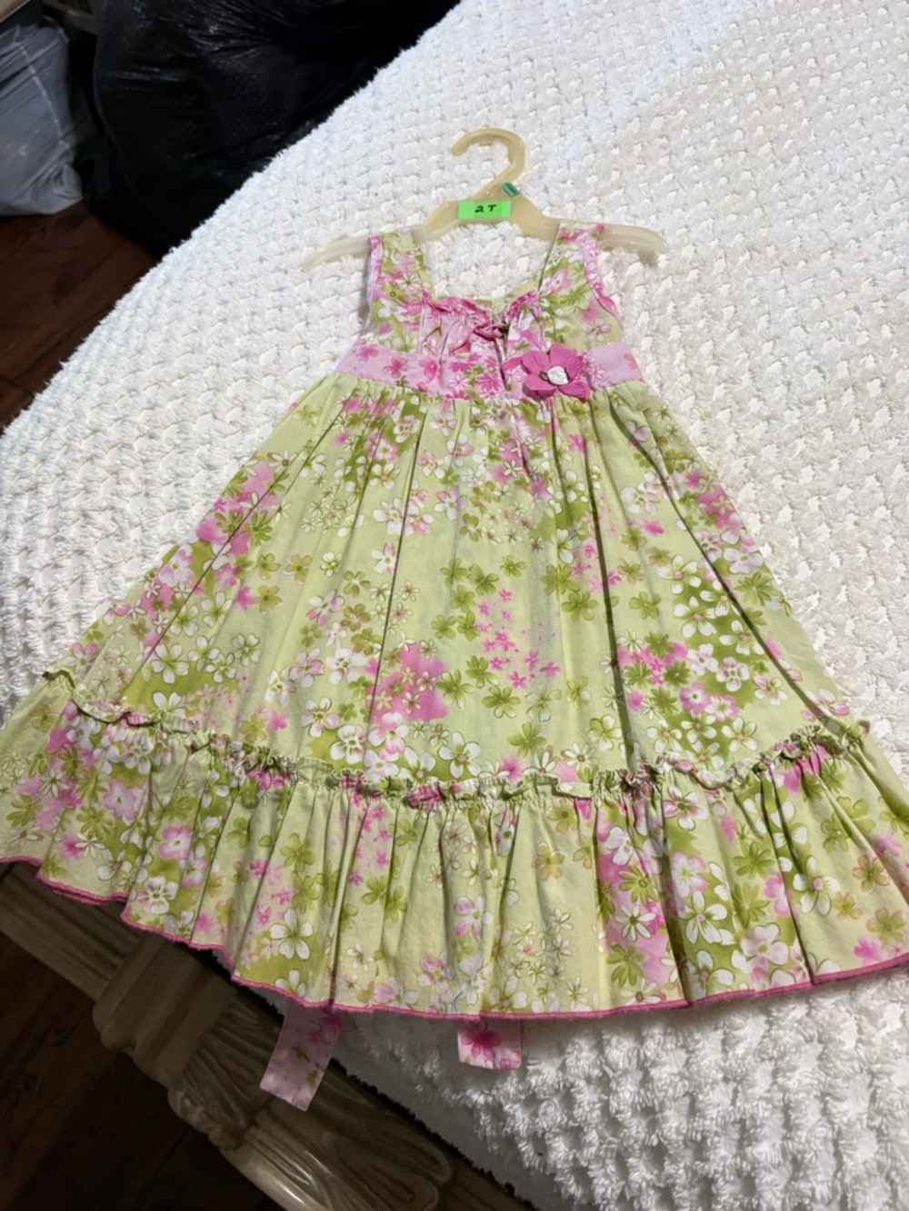 Vintage Jona Michelle Lime Green and Pink Floral Ruffle Dress